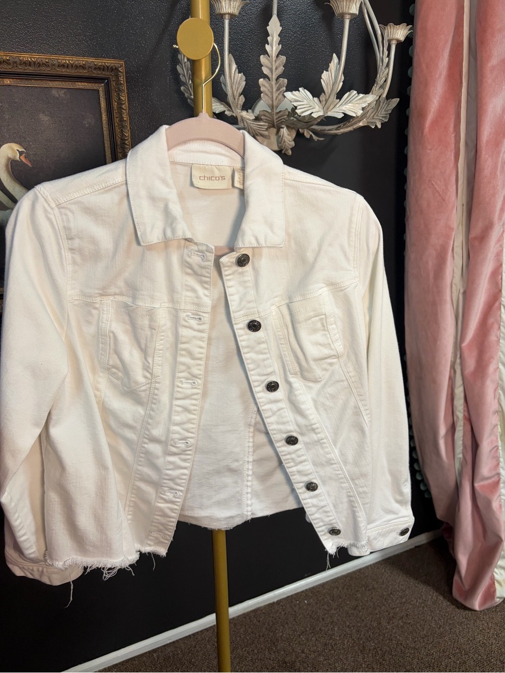 Chico's Off-White Denim Jacket with Frayed Hem